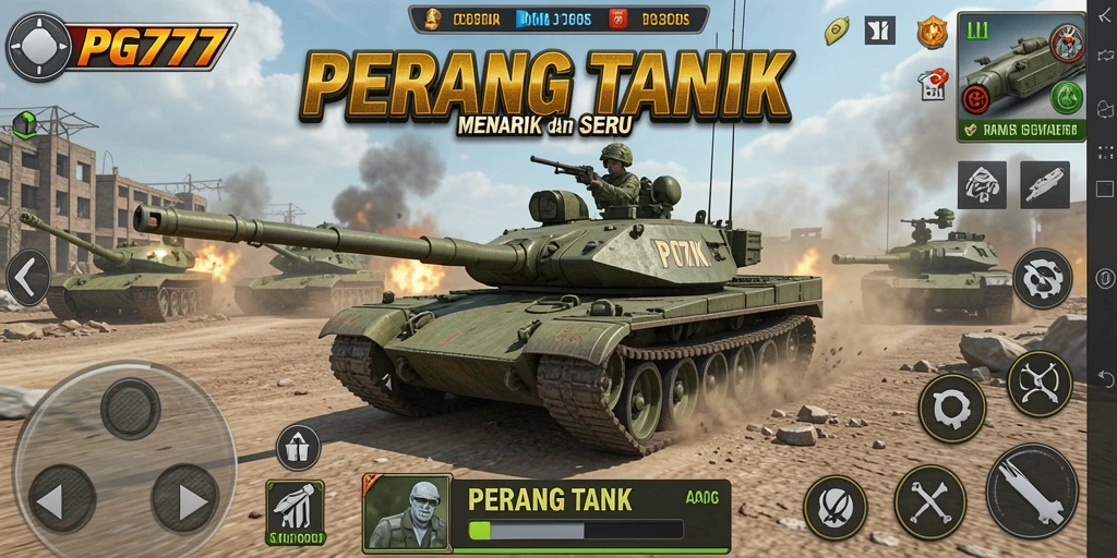 Tampilan antarmuka PG777 yang menampilkan aksi Perang Tank yang mendebarkan.